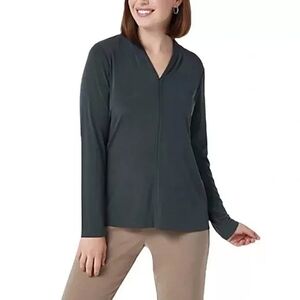Susan Graver Liquid Knit V-Neck Long Sleeve Top Stretch Slinky Thunder G…